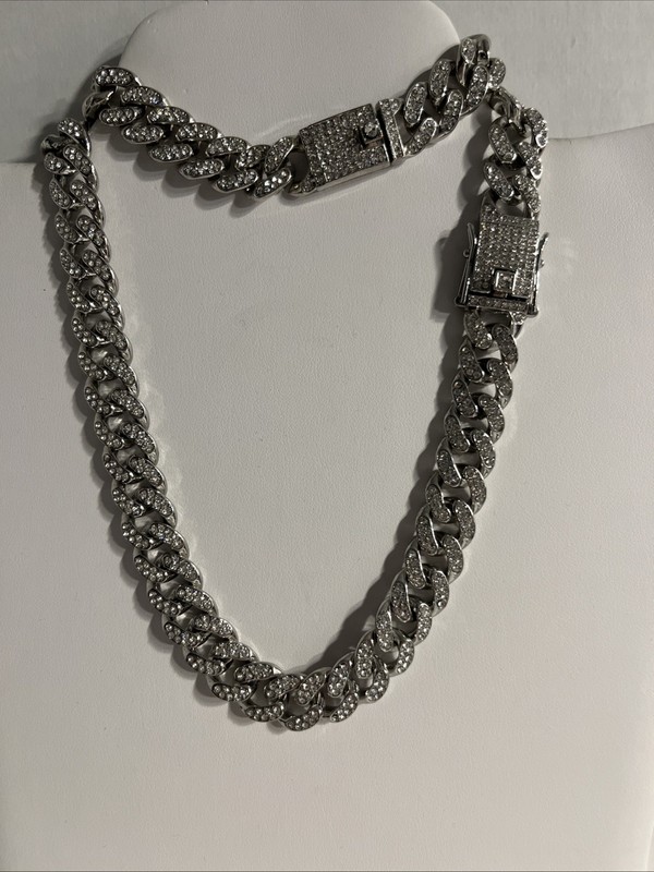 Unisex Silvertone Iced Out Cuban Link Crystal Covered Necklace 16” & Bracelet 8”