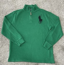 Polo Ralph Lauren Sweater Boys L 14-16 Green Big Pony Mock Neck 1/4 Zip Pullover