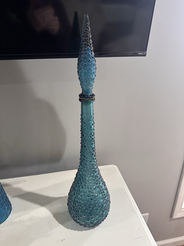 Vintage Mid-Century Modern Blue 22.5" Glass Genie Decanter with Hobnail Design