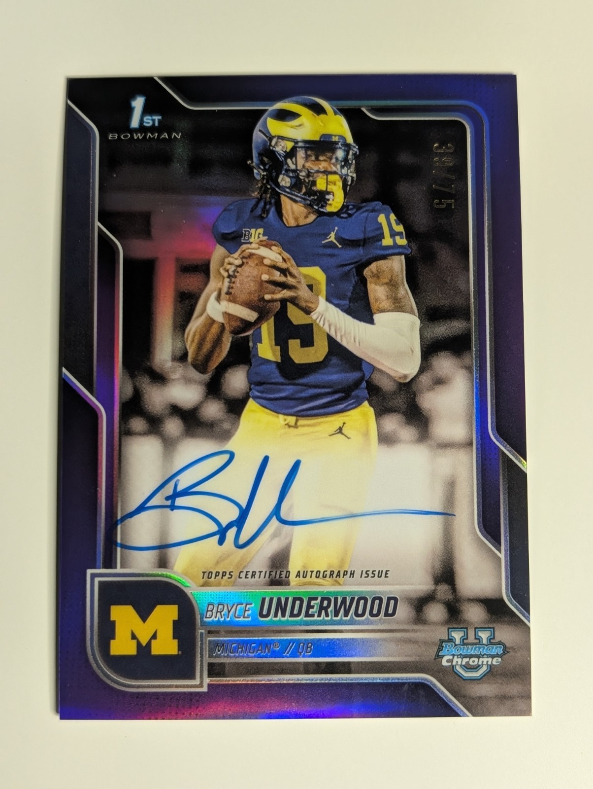 Bryce Underwood 2025 Bowman Chrome U 1st Purple Refractor Auto /75 Michigan