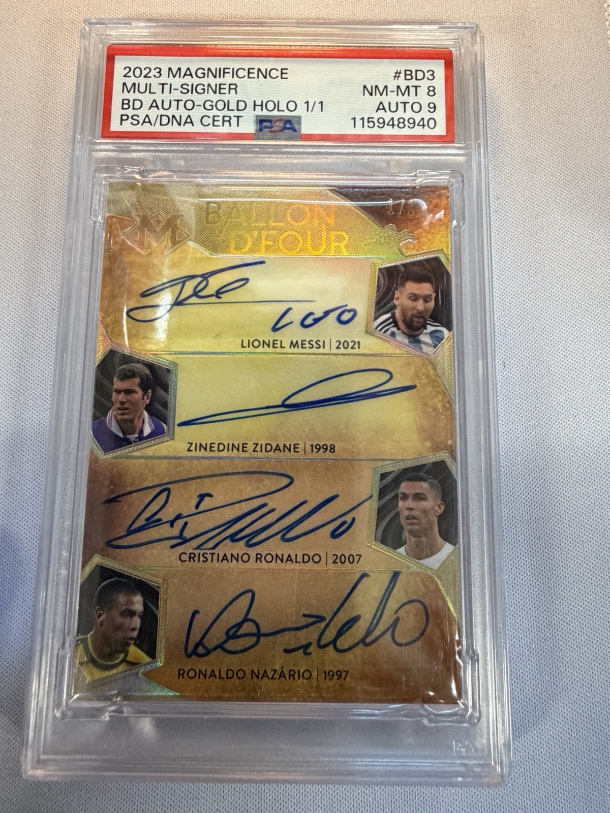 LEAF MAGNIFICENCE MESSI RONALDO ZIDANE NAZARIO QUAD AUTO GOLD 1/1 BD PSA
