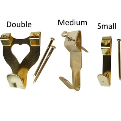 PICTURE HOOKS BRASS WITH NAILS DECORATIVE SINGLE DOUBLE GOLD NAIL - Image 1 of 4