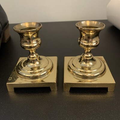 Brass Candle Holders Pair Short Tapers Vintage 1960s Square Base Classic Turned