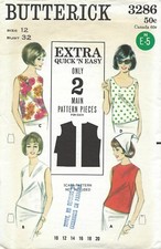 Butterick 3286 EASY Summer Blouses w Jewel, Scoop, V-Neckline Sz 12 COMPLETE 60s