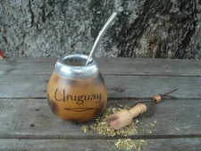 Uruguay Mate Gourd Hand Made  Cup Bombilla Straw Engraving * Uruguay *BONUS