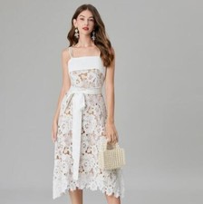 Hot Women's Fashion Mesh Spaghetti Straps Flared Beach Midi Dress Party Prom