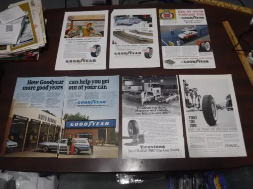 Lot of 6 Vintage Tire Magazine ads -Firestone, Goodyear, TYREX - one double page