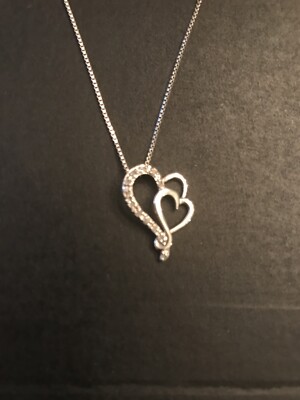 ANTIQUE STERLING SILVER DOUBLE HEART PENDANT W/DIAMOND NECKLACE MARK  MC ITALY 