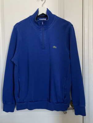 Men s M Lacoste 1/3 Zip Mock Neck Pockets 100% Cotton Crocodile Logo Sweater Blu