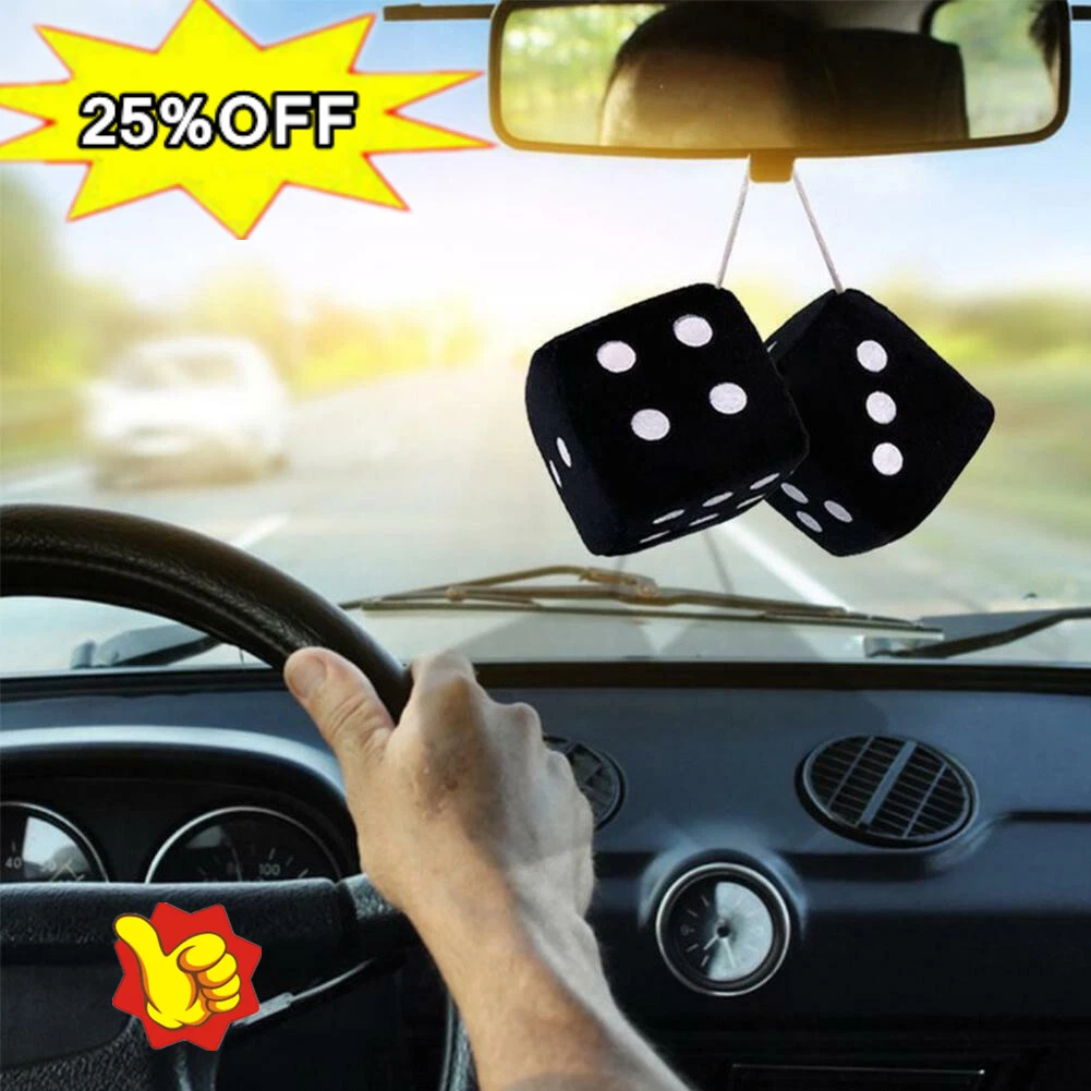 2X Black Car Soft Spotty Furry Fluffy Hanging Mirror Dice Set