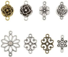8 Flower Charms Connector Pendants Links Antiqued Silver Gold Bronze Assorted