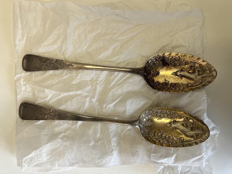 PAIR 1800s ENGLISH STERLING SERVING SPOONS BG & N Hallmark