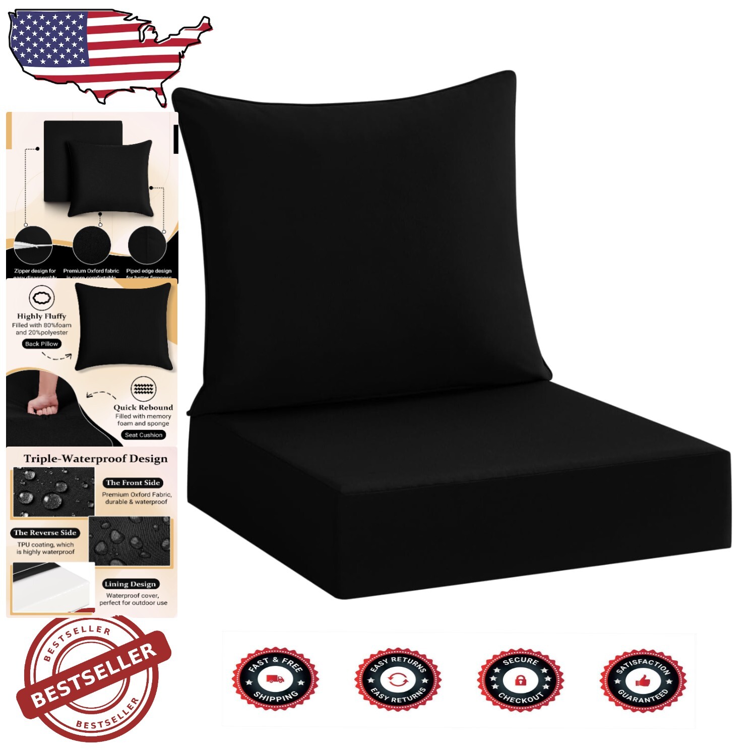 Ultimate Waterproof Memory Foam Patio Cushions with Removable Covers - 2 Count