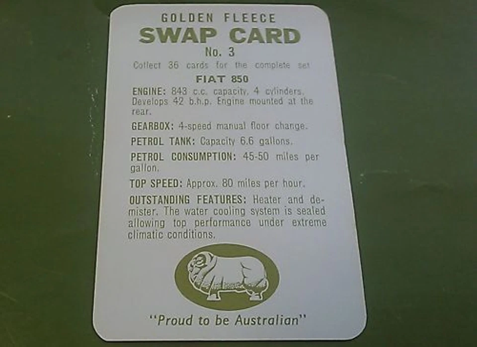 1965 FIAT 850 Golden Fleece Australia Swap CARD - image 2 of 2