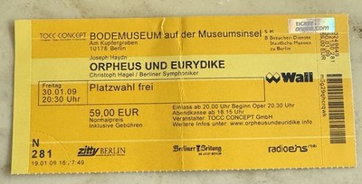 Orpheus Und Eurydike, Eintrittskarte, 19.01.2009, Bodemuseum Berlin