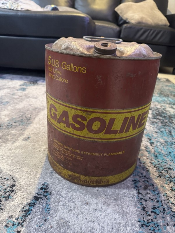 Vintage 5 U.S. Gallon Gasoline Metal Can, Red/Yellow Gas & Oil Theme
