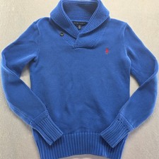 Ralph Lauren Kids Blue Shawl Collar Sweater Cotton Knit Embroidered Pony S/P