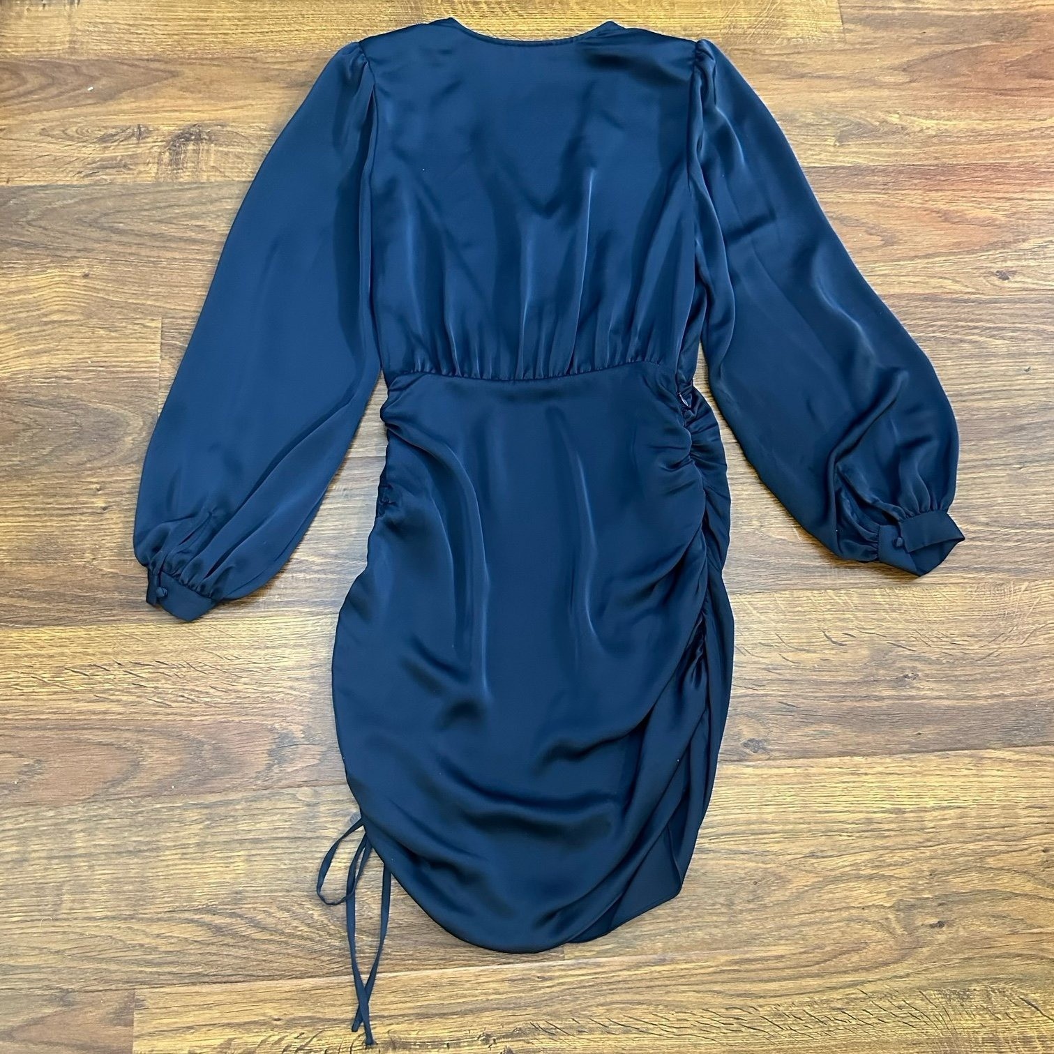 Ramy Brook Foxy Blue Satin Ruched V-Neck Mini Dress Long Sleeve 6 thumbnail 4