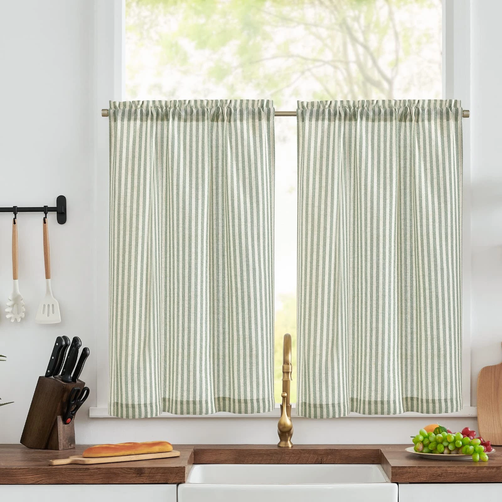 TOPICK Green Striped Kitchen W 26" x L 36" (2 Panels), on Beige