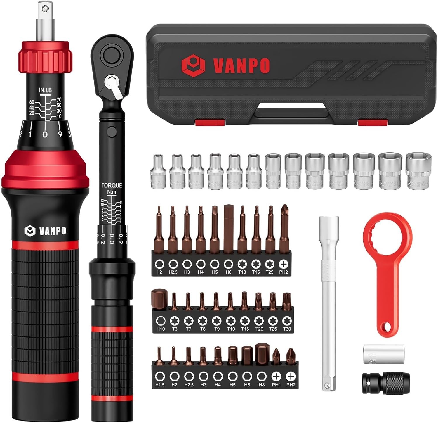 VANPO 48Pcs Torque Screwdriver Wrench Drive Set, 1/4" Drive Small Torque Wren...