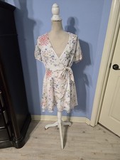 Trixxi Floral Faux Wrap Dress Size L White Swiss Dot Short Puff Sleeve V-Neck