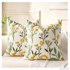 Embroidered Floral Throw Pillow Covers 20x20 Farmhouse Green Tufted Cotton