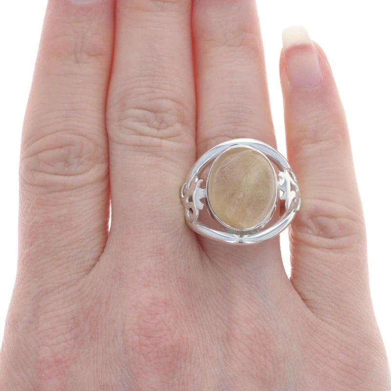 Anillo solitario de cóctel de cuarzo rutilado de ley - Juego de bisel de cabujón ovalado 925 Foto 2 de 4