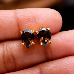 Authentic Natural Smoky Quartz Pear Cut Gold Plated 925 Sterling Silver Stud Earrings