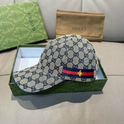 Gucci GG Baseball Cap Navy Web Stripe With Gold Bee Emblem Unisex Hat