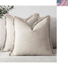 Luxurious Linen Fringe Pillow Covers - Set of 2 24x24 Inch Beige Throw Pillows
