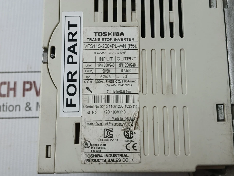 TOSHIBA VFS11S-2004PL-WN(R5) Transistor Inverter 1PH-200/240V (Not Working) - Image 4 of 4
