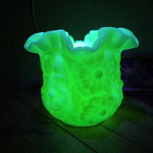Vintage Fenton Custard Uranium Glass Poppy Flower Satin Ruffled Vase 5.5" GLOWS