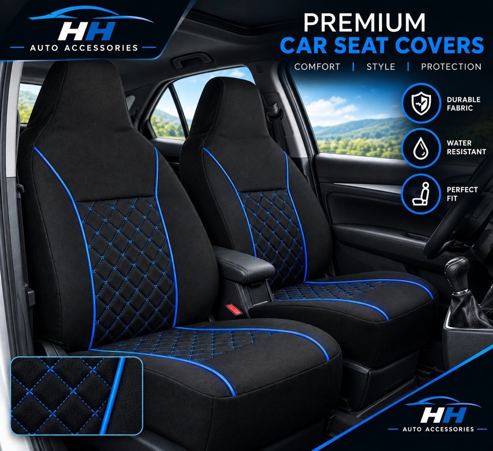 FOR CHRYSLER PT CRUISER PREMIUM QUILTED BLUE PIPING CAR SEAT COVERS 2PC ...