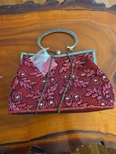 Mid Century Red Beaded Floral Purse Heavy Brass Frame Rhinestone Clasp 1950style