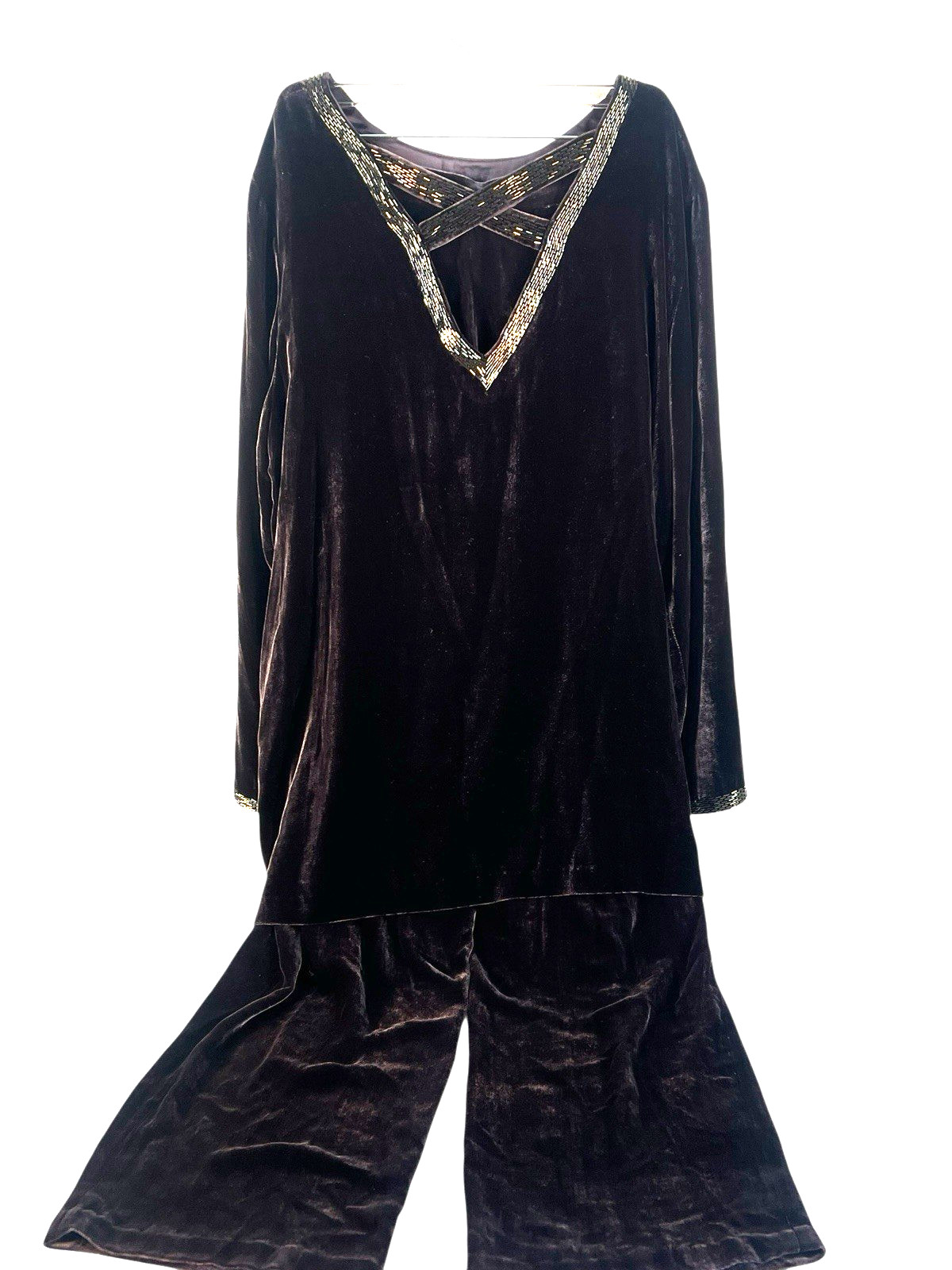 vtg Tesori sz 8 silk velvet top and pants loose fitting raisin brown beaded image 3