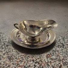 Ancien bateau à sauce sur cuivre plaqué argent avec plaque