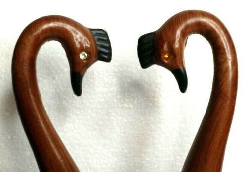 Vintage Retro Swan Figurines Clear & Amber Rhinestone Eyes Wood Composite 8 1/4 - Picture 3 of 8