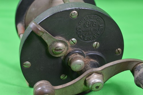 Mulinello da pesca vintage Pflueger 1878 Golden West anni '30, manico in legno, nero, USA - Foto 2 di 7