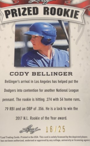 2017 Cody Bellinger Leaf Prized Rookies Wave Refractor #’d /25 BGS Mint 9 RC SSP - Picture 3 of 4
