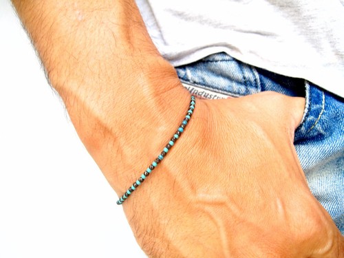 black silver beads turquoise diamond cut bracelet men women bangle string stud - Picture 6 of 9
