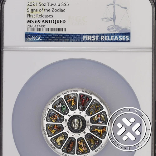 2021 NGC MS 69 Antiqued First Release Tuvalu 5 oz Silver Coin Signs The Zodiac