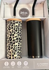 NIB Member's Mark 24-oz Stainless Steel Insulated Tumblers  Straws W/Wood Lids