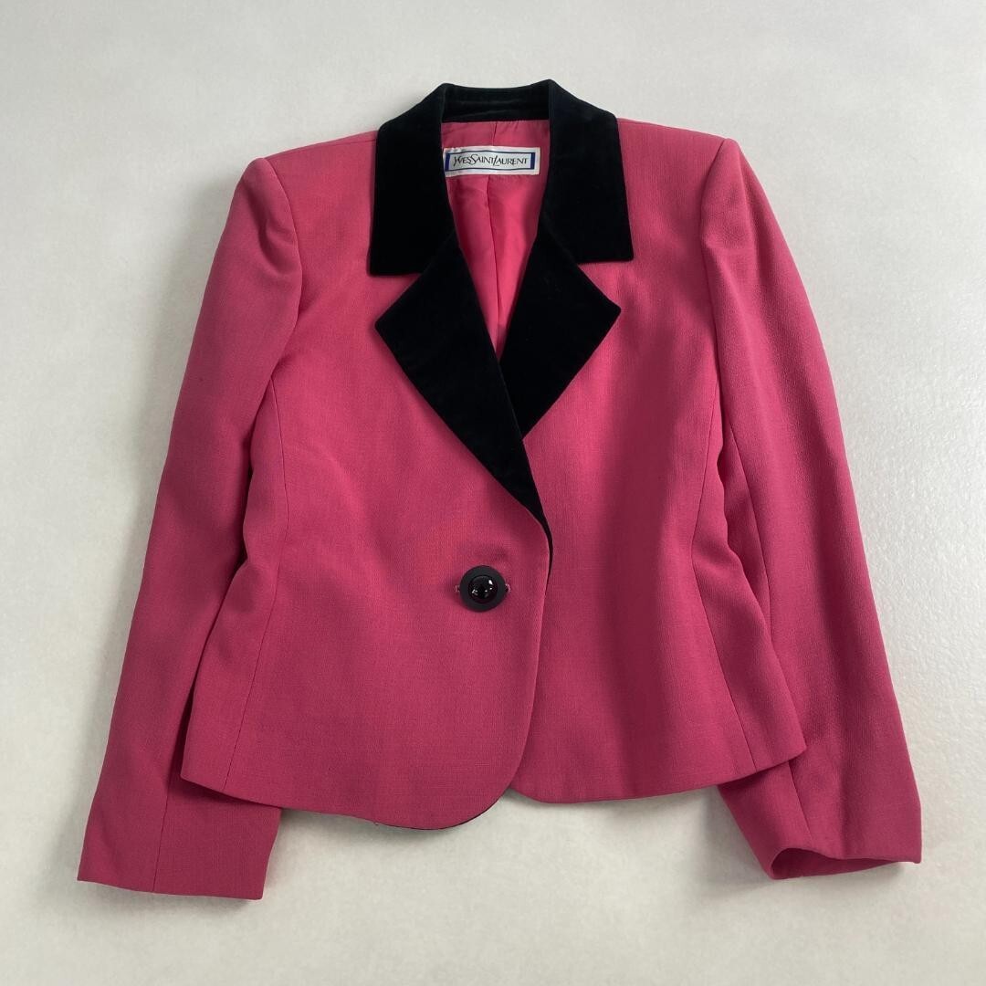 w1976Yves Saint Laurent Giacca Sartoriale Velluto Rosa Ritagliato 100% Lana Audace