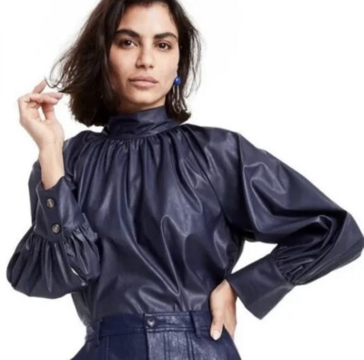 Rachel Comey for Target XXS Blouse  Blue Button Down Tie Back Faux Leather Navy