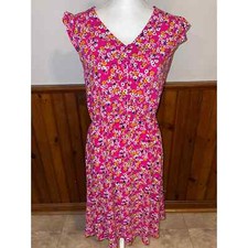 Womens a.n.a Pink Floral Yellow Blue Midi Spring Dress Elastic Waist Size 8T