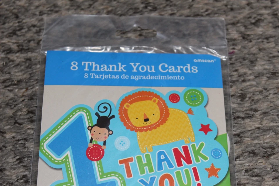 1er CUMPLEAÑOS NIÑOS FIESTA CUMPLEAÑOS TARJETAS DE AGRADECIMIENTO MONO LEÓN 8 UNIDADES Foto 2 de 4