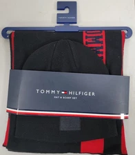 Tommy Hilfiger Flag Hat and Logo Scarf Set Black/Red Men's New