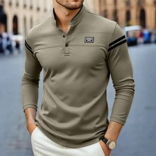 2025 New Men's Casual Fashion Solid Color Long Sleeved Polo Shirt Stand Up Colla