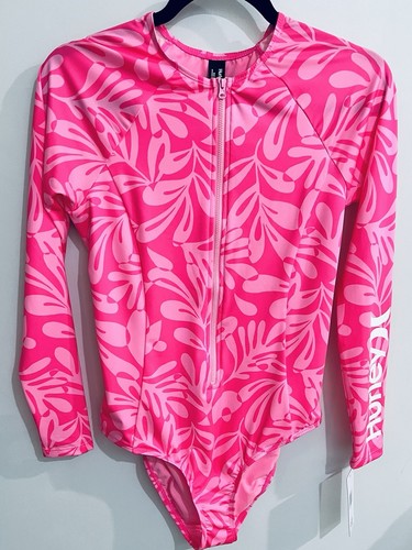HURLEY Women Size L Zip Front Long Sleeve Rash Guard Swimsuit One-Piece Pink - Picture 2 of 14