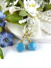 Blue Turquoise Gold Hook Dangle Earrings Handcrafted Artisan Fashion Jewelry